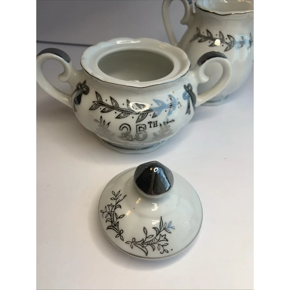 Vintage Lefton China 25th Silver Anniversary‎ Sugar Bowl and Creamer Set 4929